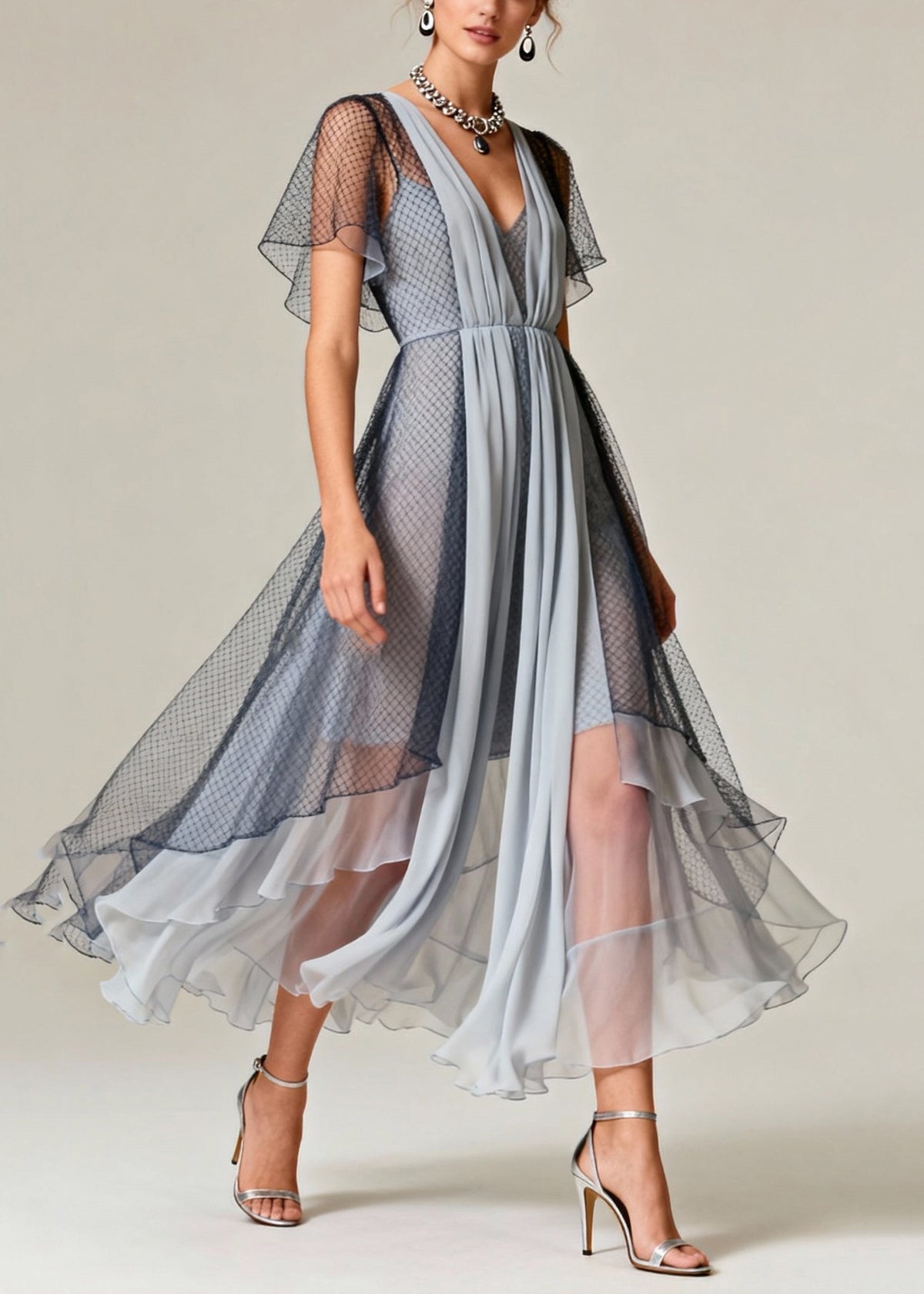 Art Grey Hollow Out Exra Large Hem Tulle Maxi Dresses Summer - View 3