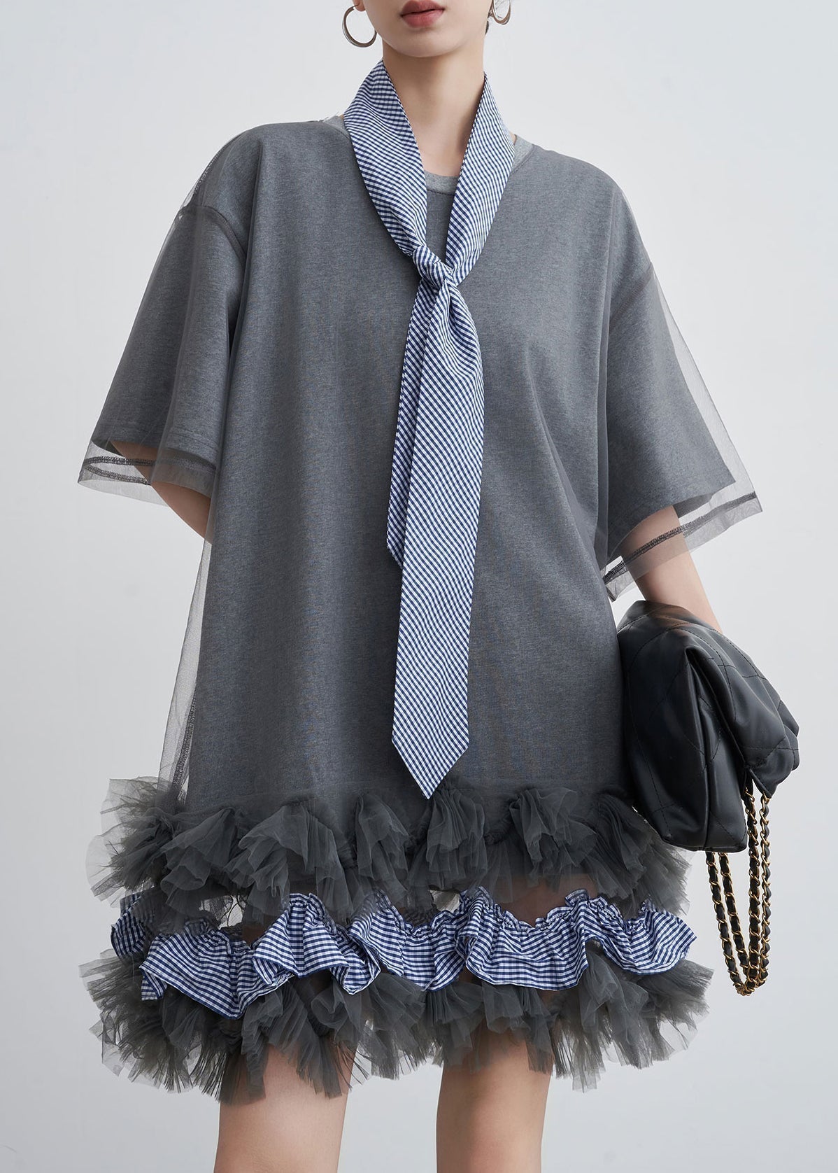 Art Grey Ruffled Tulle Patchwork Cotton T Shirt Dresses Summer - View 2