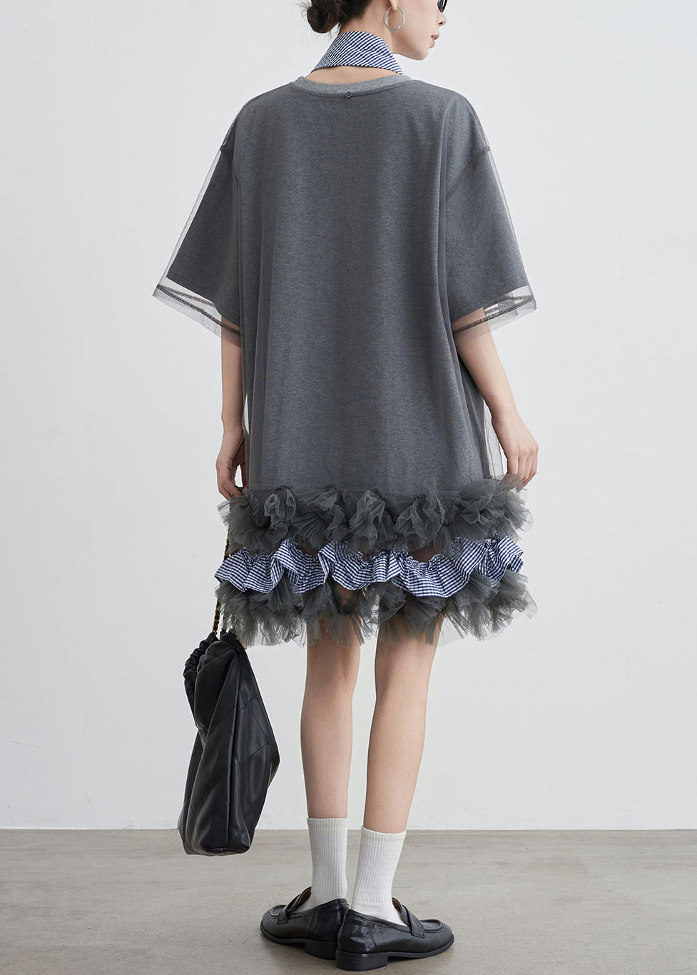 Art Grey Ruffled Tulle Patchwork Cotton T Shirt Dresses Summer - View 5
