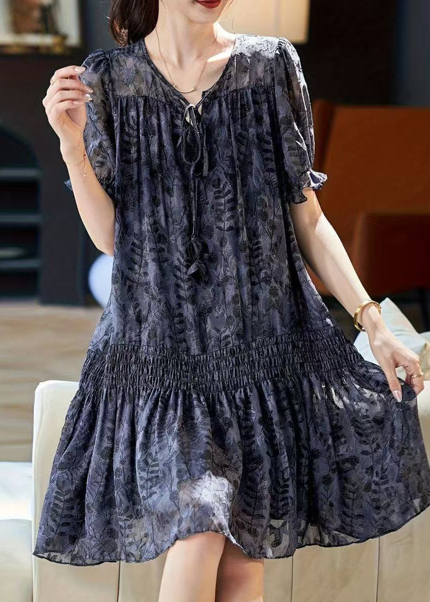 Burnout Floral V-Neck Tie Cord Short Sleeve Shirred Mini Dress