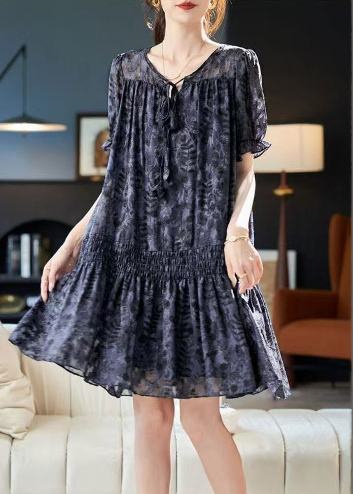 Burnout Floral V-Neck Tie Cord Short Sleeve Shirred Mini Dress - View 3