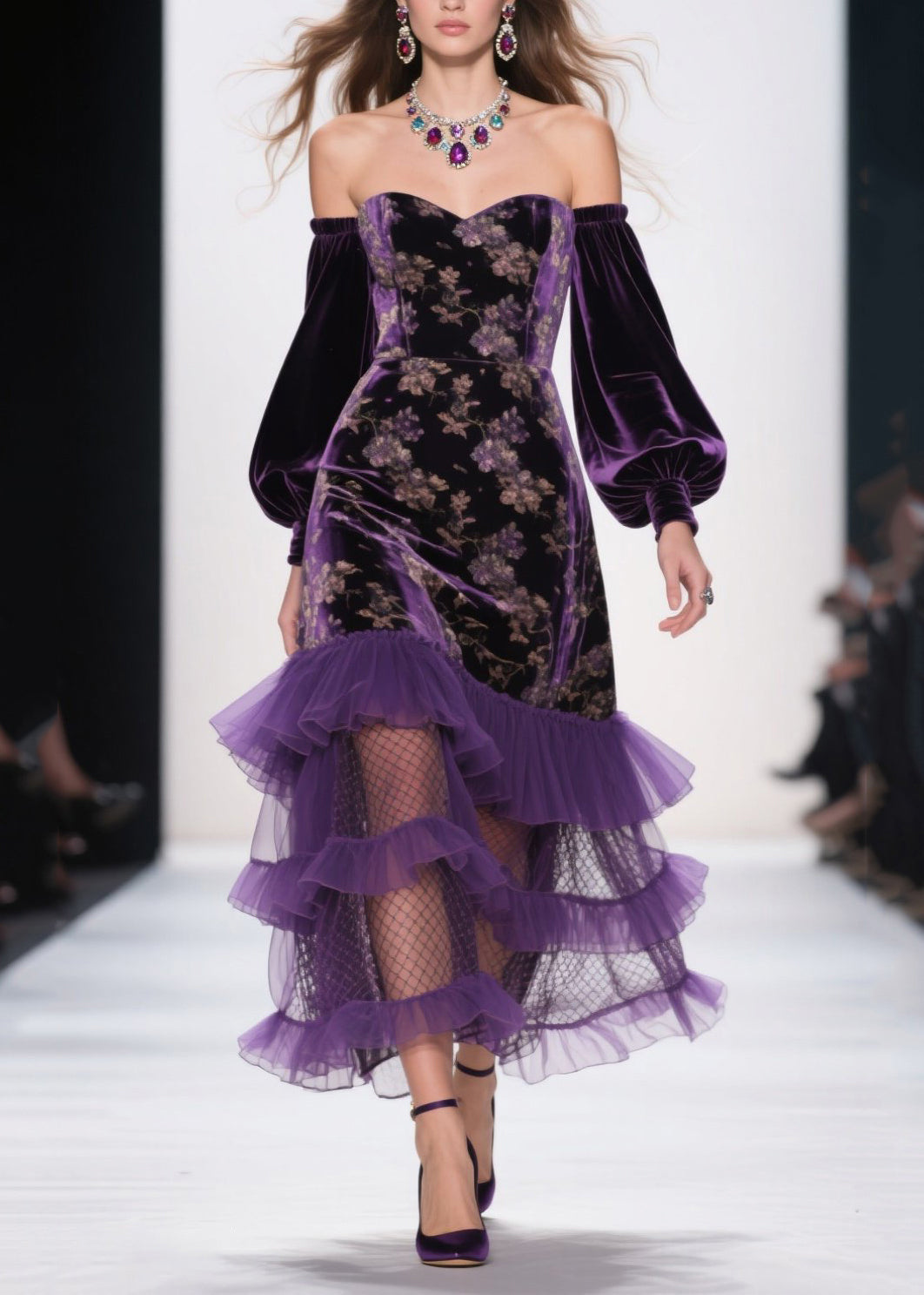 Art Purple Cold Shoulder Print Ruffled Velvet Dress Fall - View 3