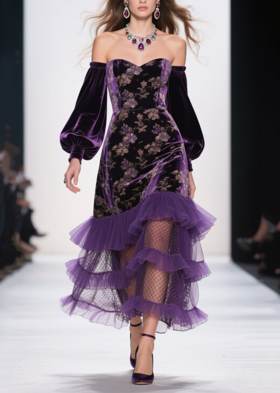 Art Purple Cold Shoulder Print Ruffled Velvet Dress Fall - View 5