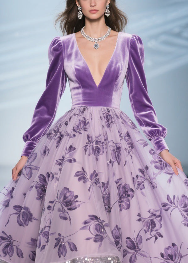 Velvet Deep V-Neck Bishop Sleeve Floral Print Sequin Hem Maxi Gown - View 2