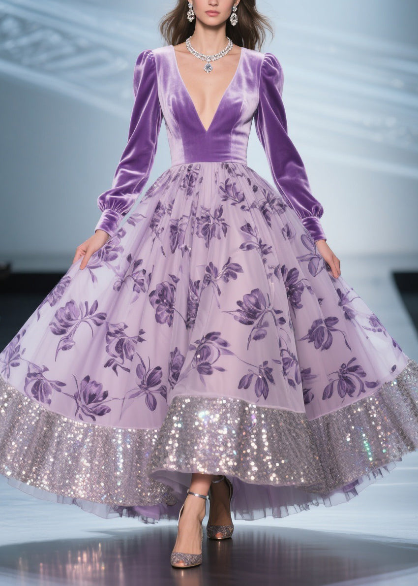 Velvet Deep V-Neck Bishop Sleeve Floral Print Sequin Hem Maxi Gown - View 3