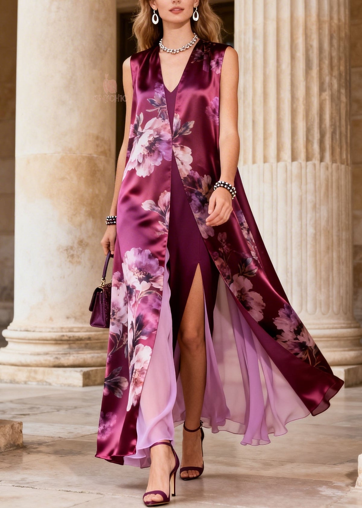 Floral Print Sleeveless Open Duster Overlay High Split Maxi Dress