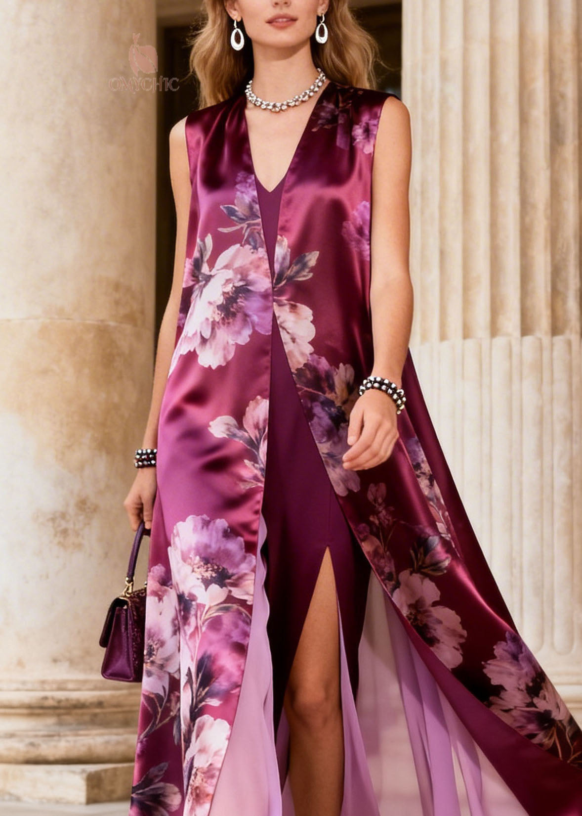 Floral Print Sleeveless Open Duster Overlay High Split Maxi Dress - View 2