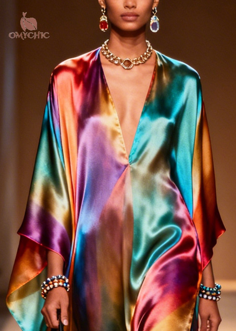 Tie Dye Deep V-Neck Batwing Sleeve High Split Satin Kaftan Maxi Dress - View 2