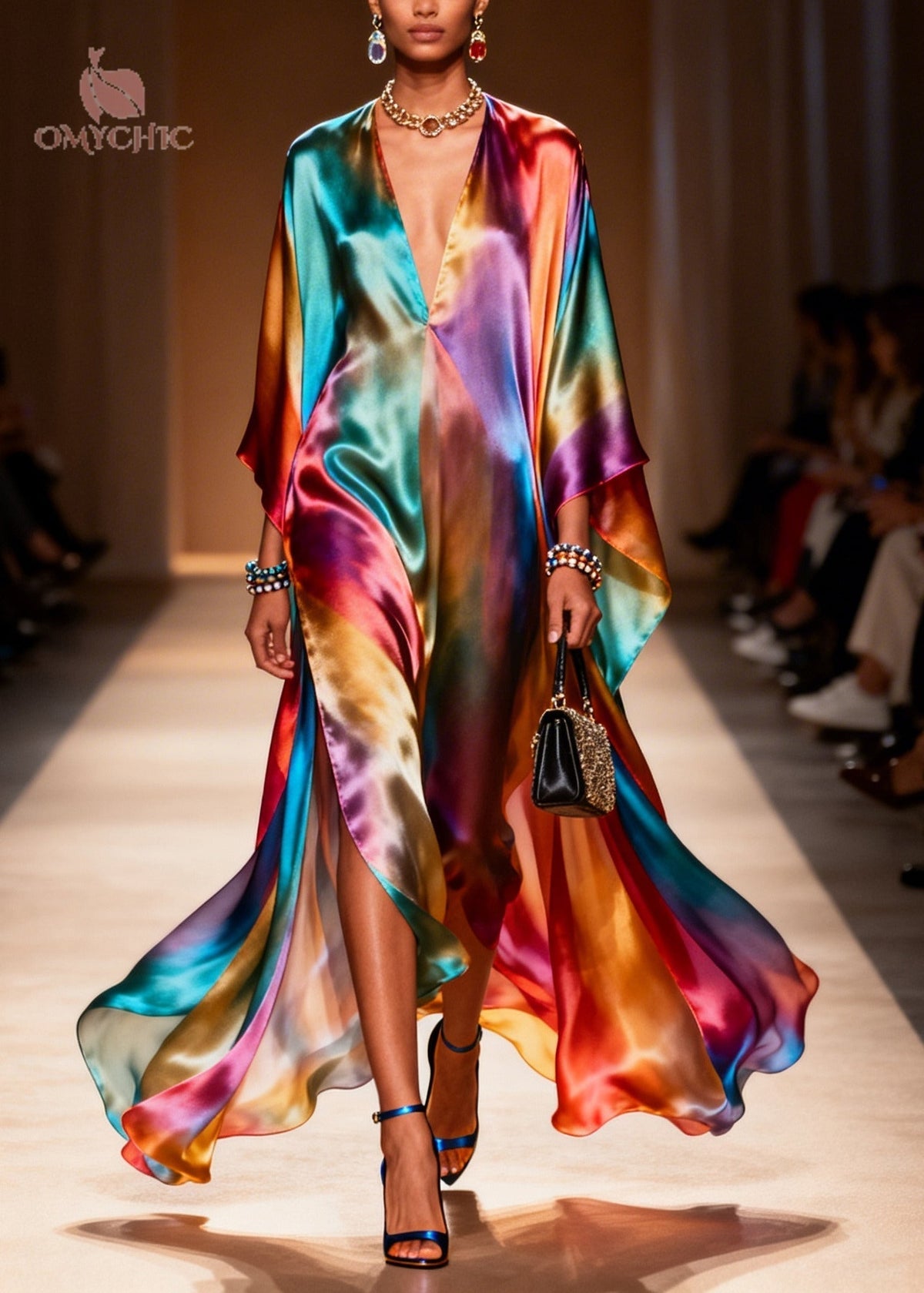 Tie Dye Deep V-Neck Batwing Sleeve High Split Satin Kaftan Maxi Dress - View 3