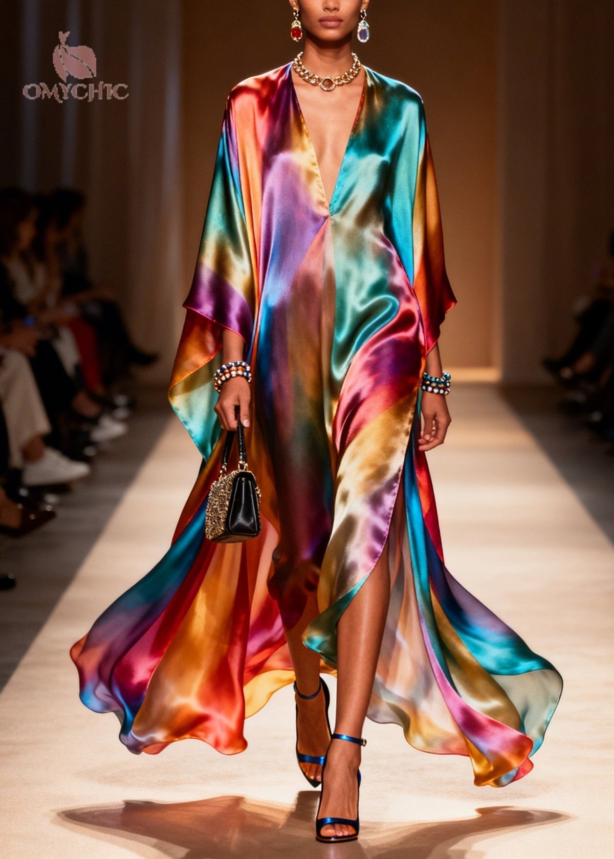 Tie Dye Deep V-Neck Batwing Sleeve High Split Satin Kaftan Maxi Dress - View 5