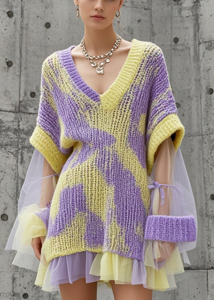 Abstract Chunky Knit Layered Mesh Ruffle Hem Oversized Mini Dress - View 3
