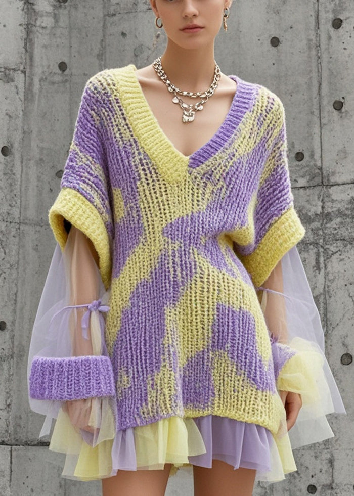 Abstract Chunky Knit Layered Mesh Ruffle Hem Oversized Mini Dress - View 5