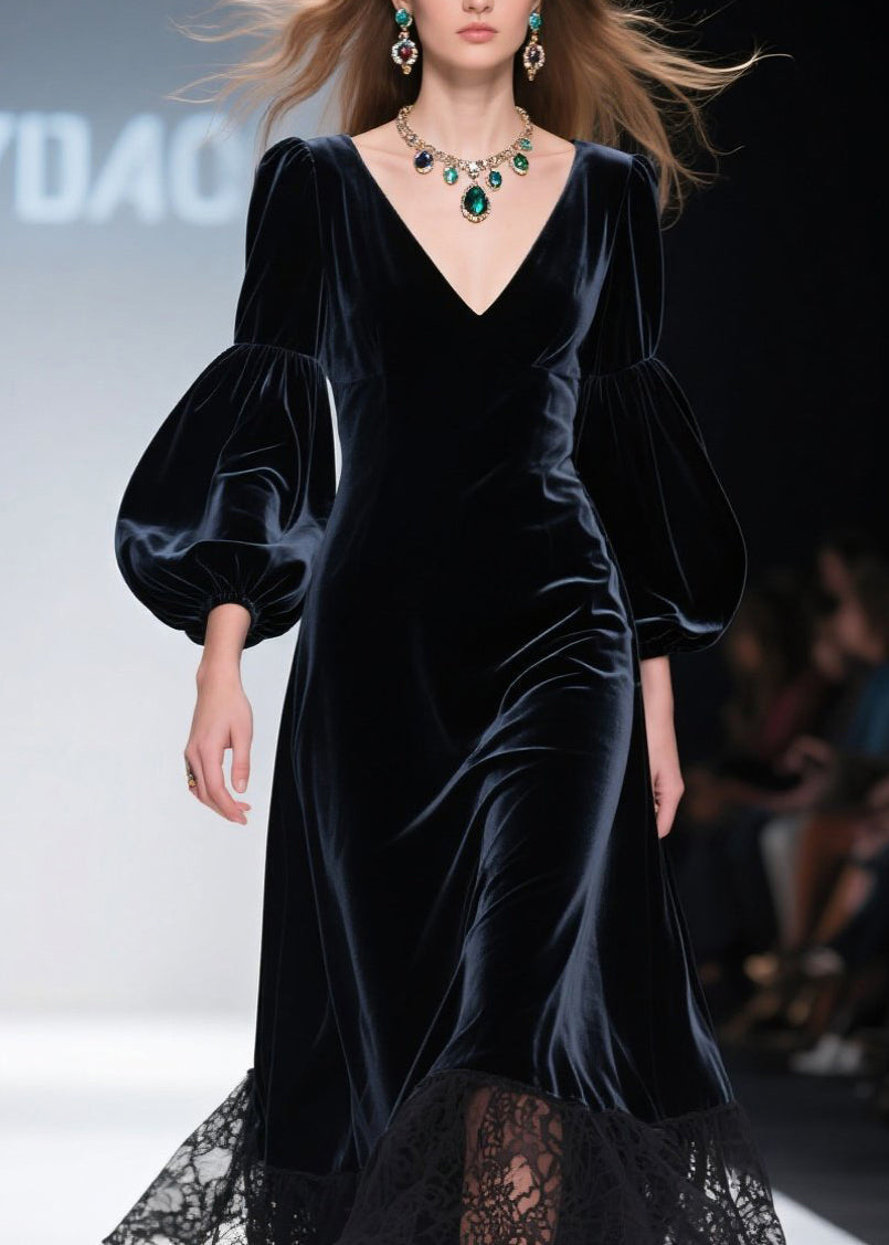Art V Neck Lace Patchwork Velvet Maxi Dresses Lantern Sleeve - View 2