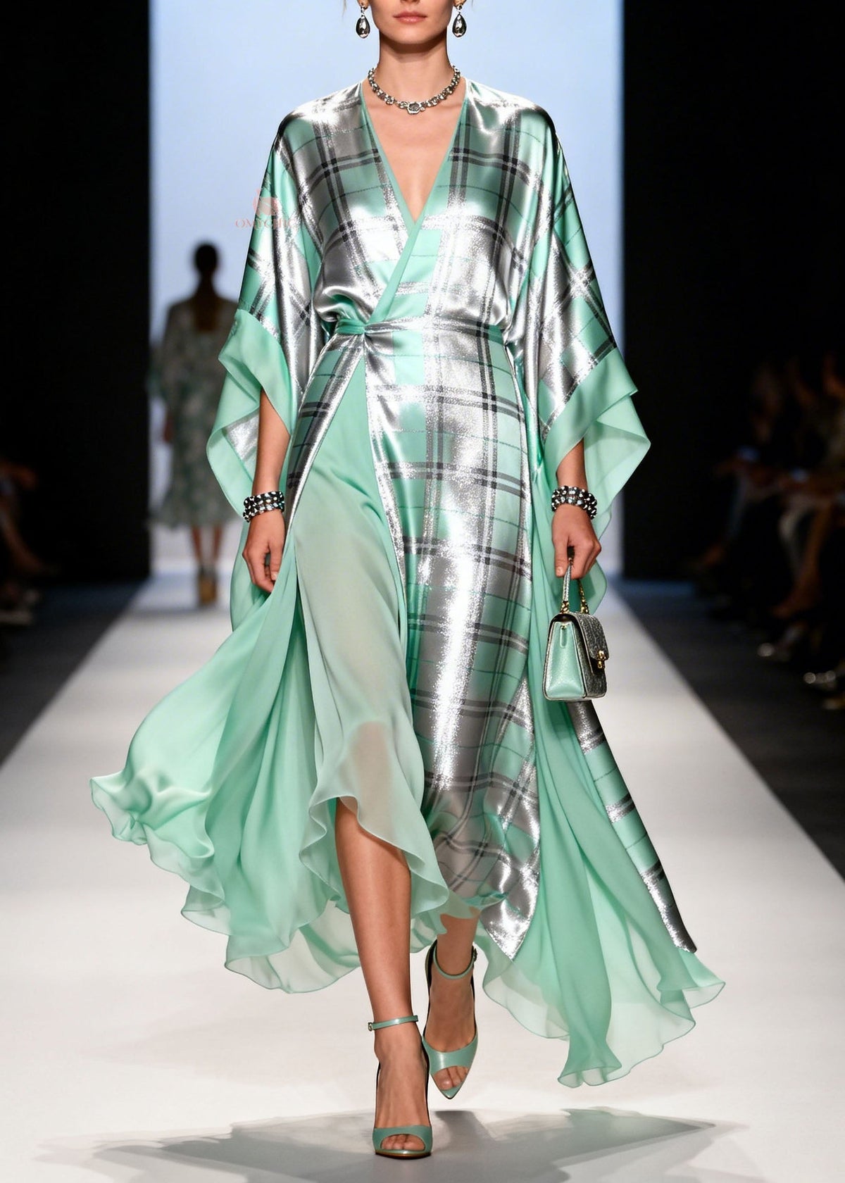 Metallic Plaid Wrap V-Neck Cape Sleeve Sheer Ruffle Hem Maxi Gown - View 3