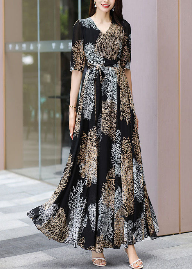 Chiffon V-Neck Short Sleeve Tie Belt Abstract Print A-Line Maxi Dress - View 3