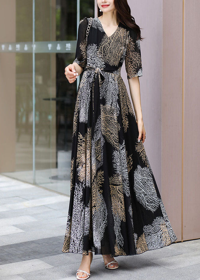 Chiffon V-Neck Short Sleeve Tie Belt Abstract Print A-Line Maxi Dress - View 5
