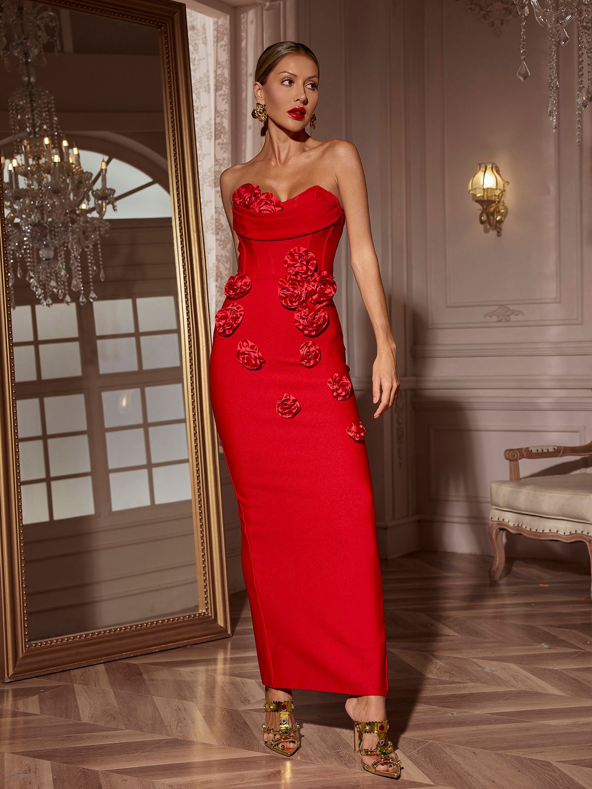 Strapless Corset Bodice 3D Rose Applique Satin Midi Dress - View 4