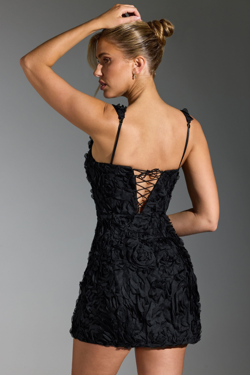 3D Floral Applique Square Neck Wide Strap Bodycon Mini Dress in Black - View 8