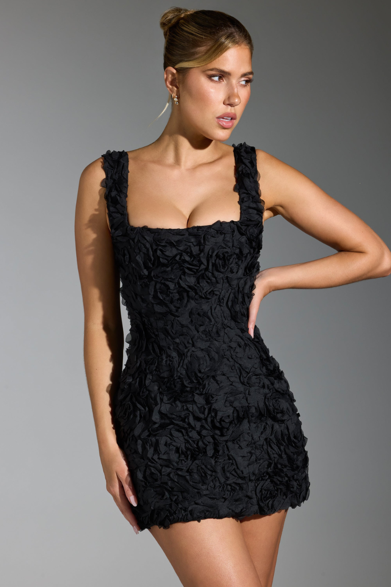 3D Floral Applique Square Neck Wide Strap Bodycon Mini Dress in Black - View 4