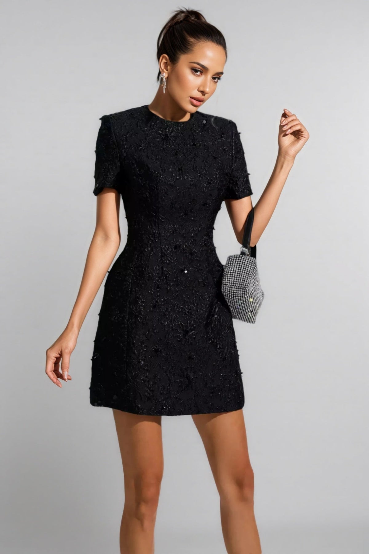 Floral Jacquard Short Sleeve A-Line Mini Dress - View 5