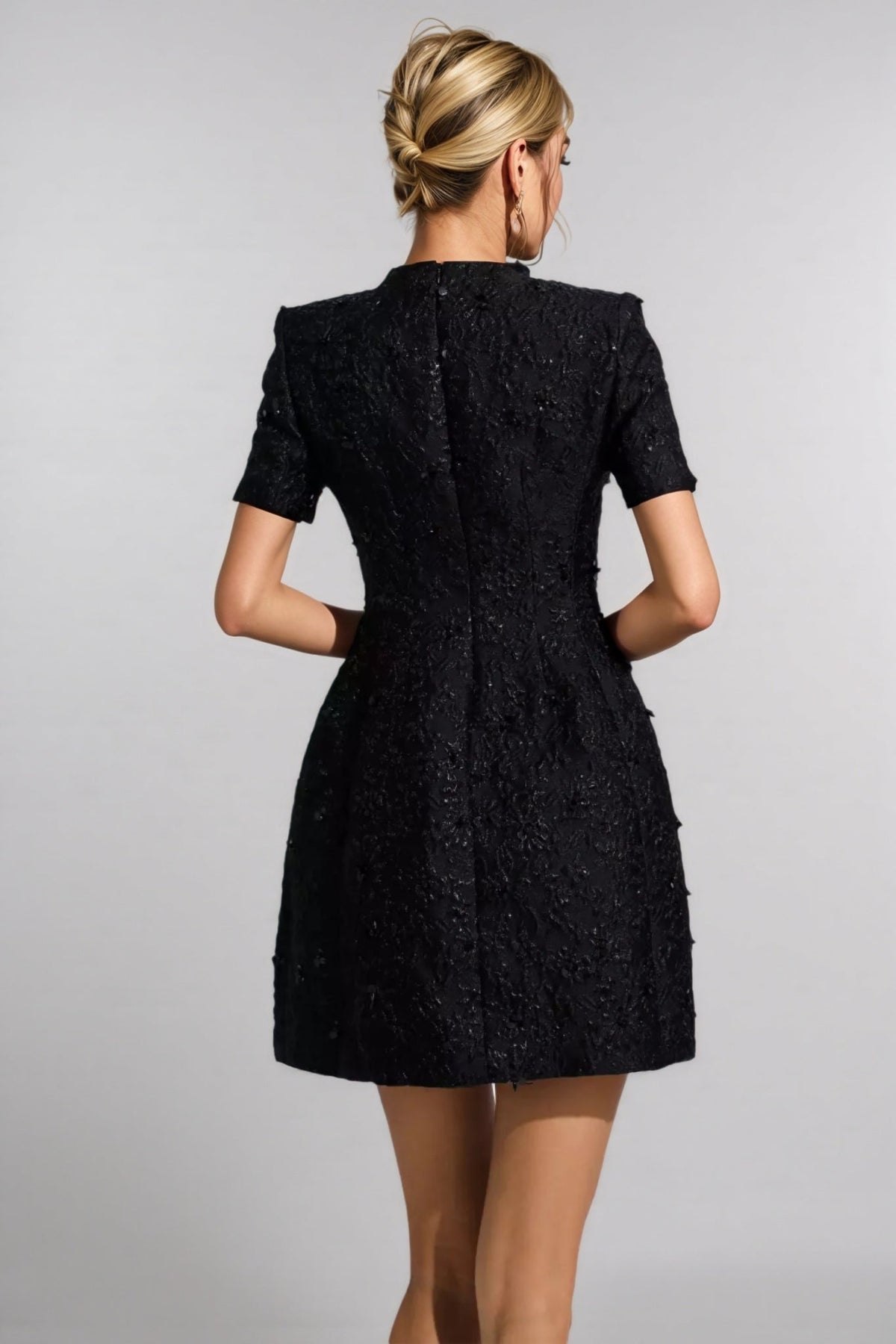 Floral Jacquard Short Sleeve A-Line Mini Dress - View 7