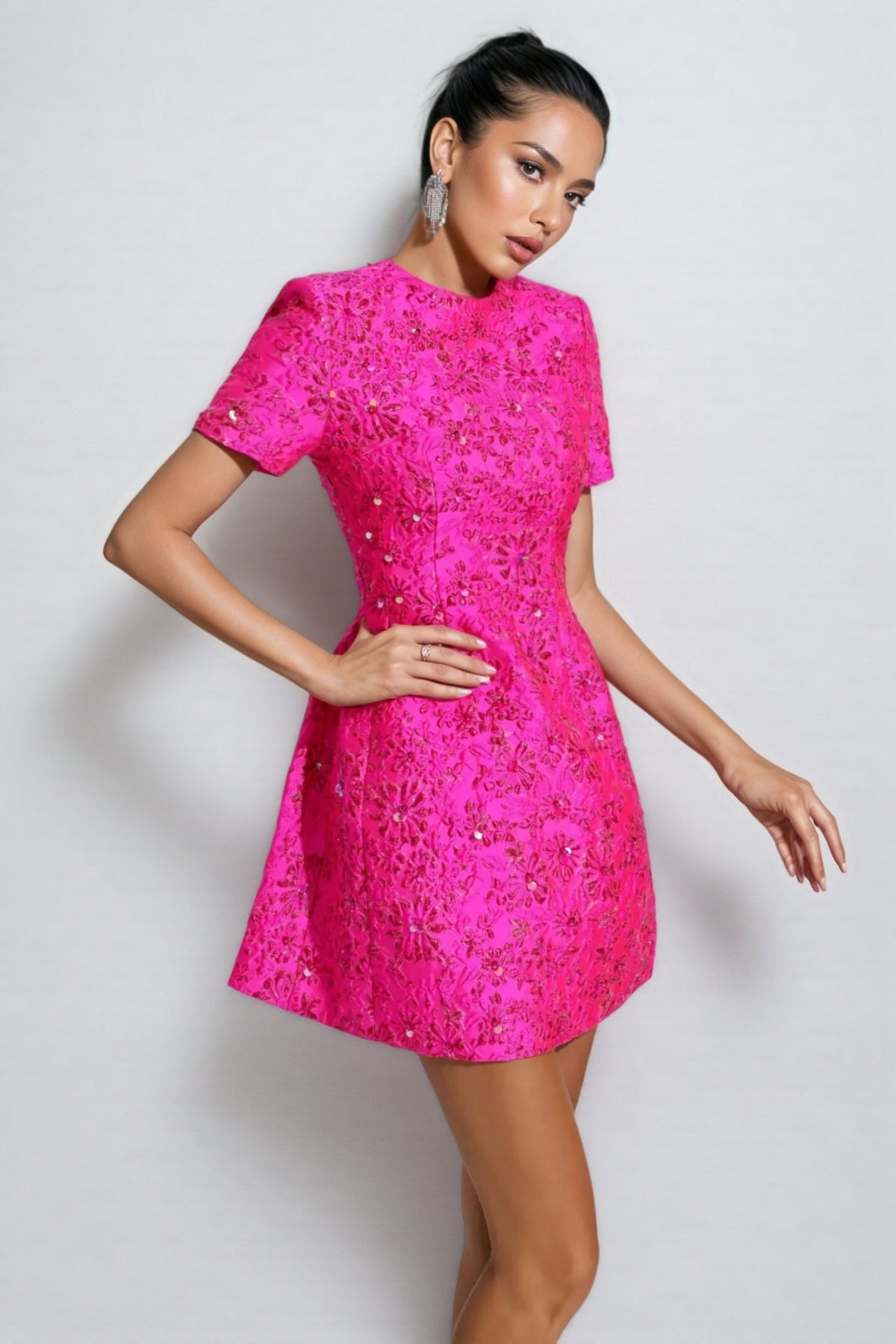 Sequin Floral Short Sleeve A-Line Mini Dress - View 6