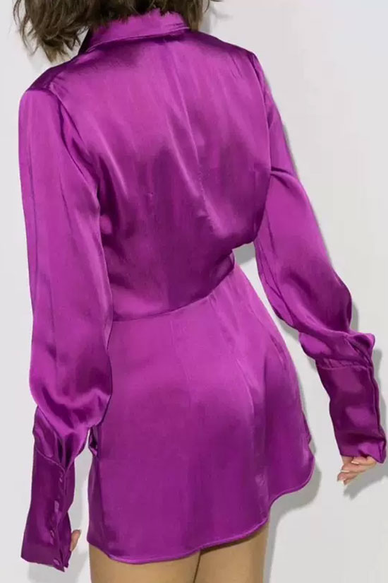Asymmetric Long Sleeve Ruffle Ruched Satin Shirt Mini Dress - Fuchsia - View 3