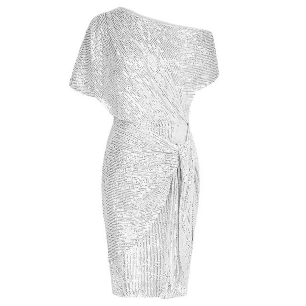 Asymmetric Neck Metallic Shimmer Draped Tie Waist Mini Dress 12