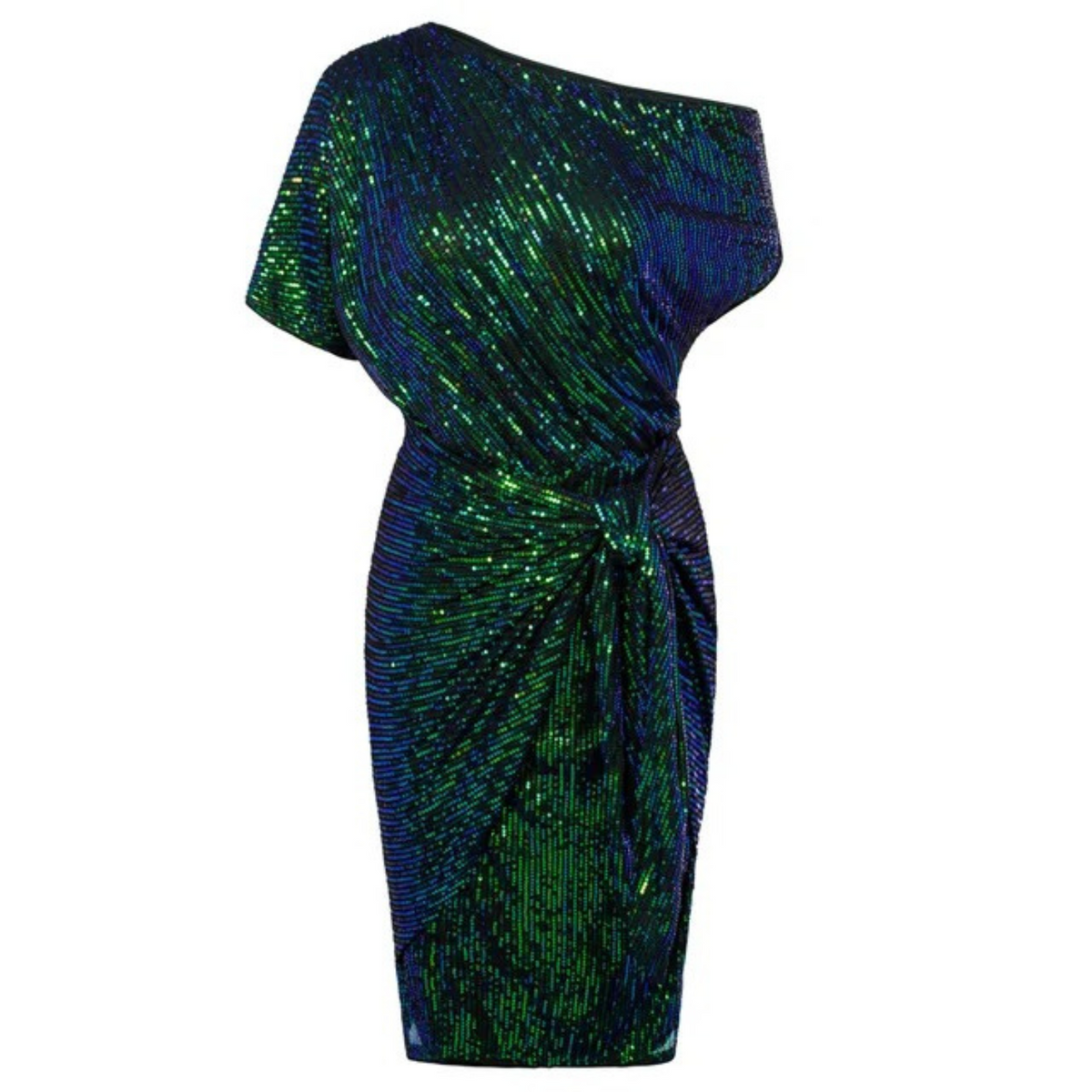Asymmetric Neck Metallic Shimmer Draped Tie Waist Mini Dress 9