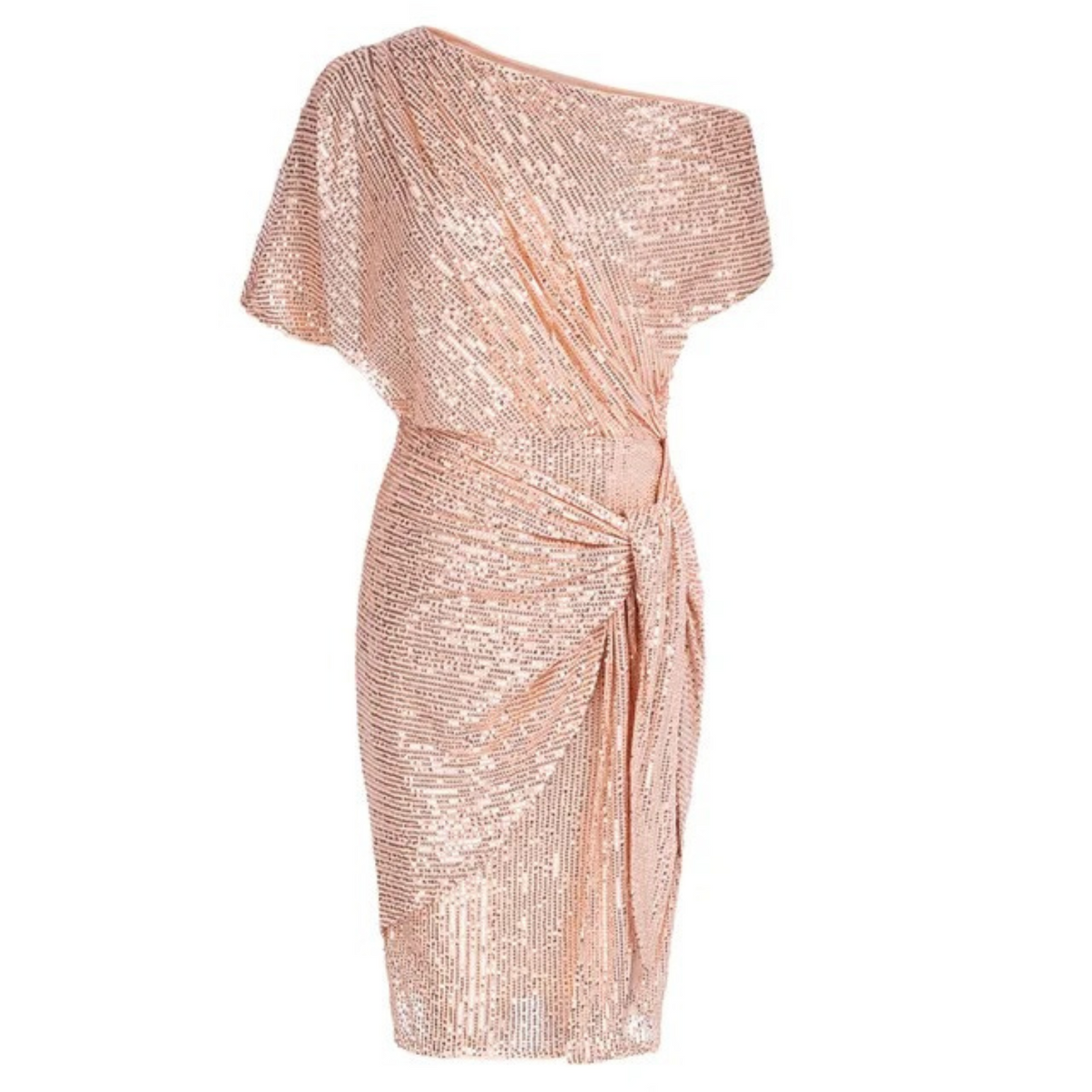 Asymmetric Neck Metallic Shimmer Draped Tie Waist Mini Dress 10