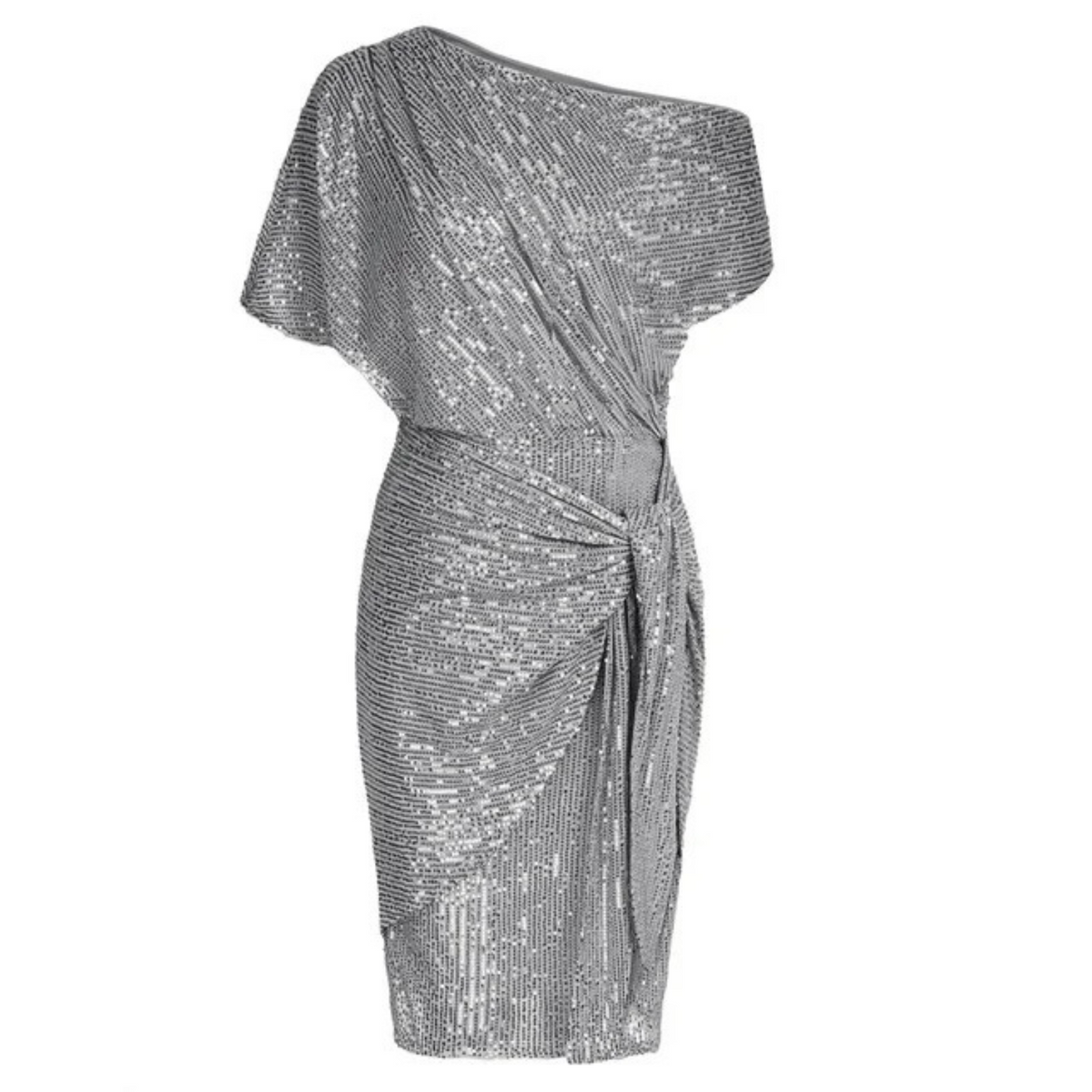 Asymmetric Neck Metallic Shimmer Draped Tie Waist Mini Dress 11