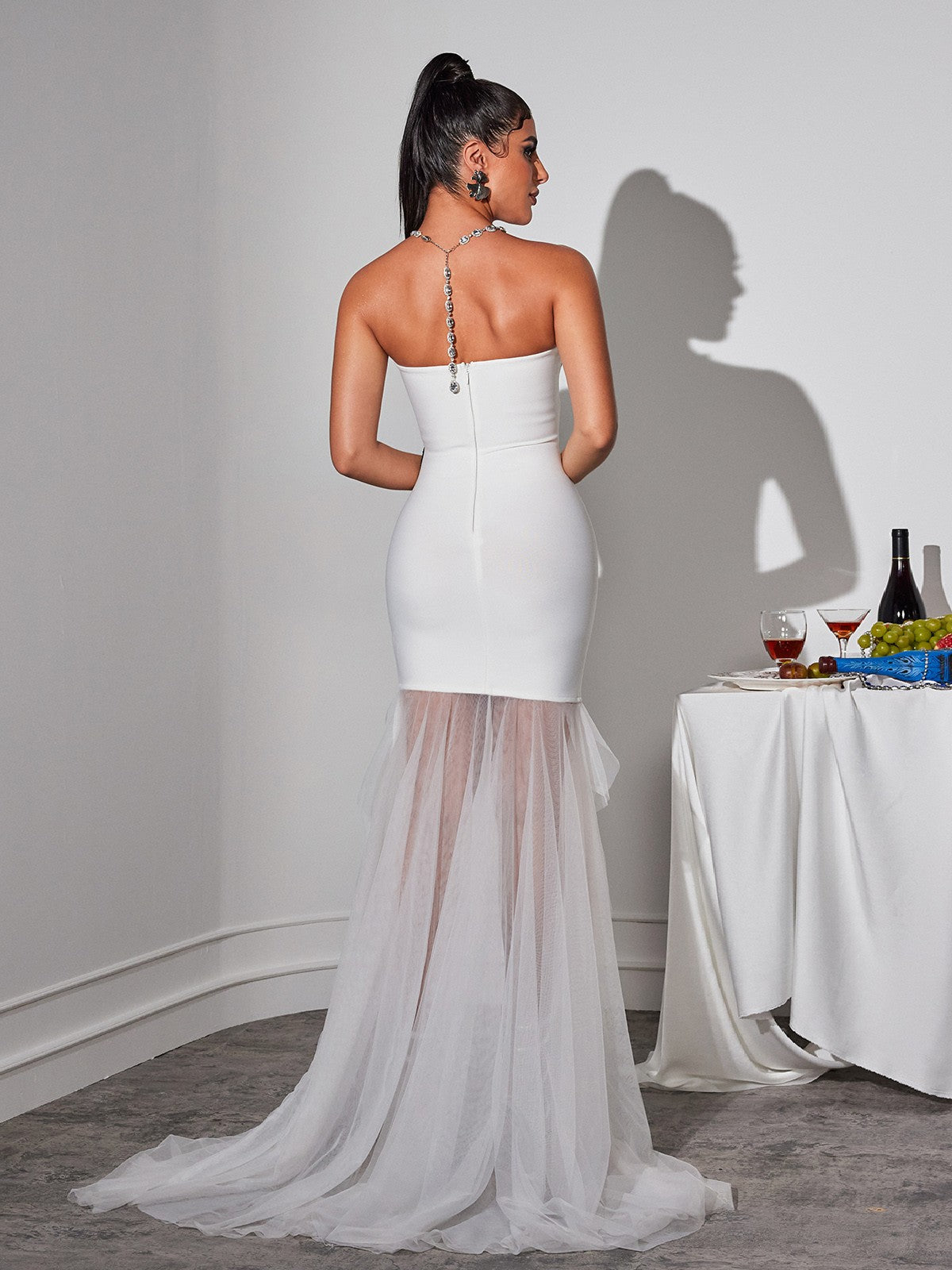 Strapless Rose Print Bodycon Mini Dress With Tulle Train - View 6