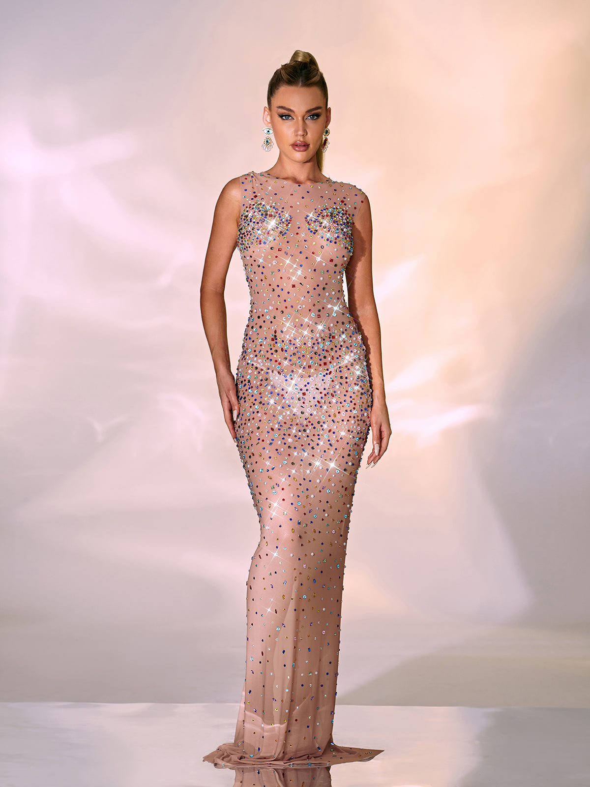 Rhinestone Sheer Mesh Sleeveless Bodycon Maxi Gown - View 2
