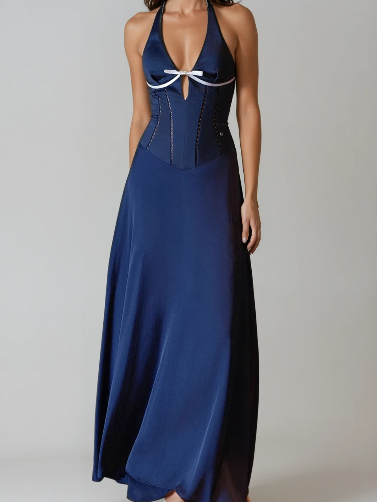 Satin Halter Neck Plunge Corset Bow Maxi Dress - View 2