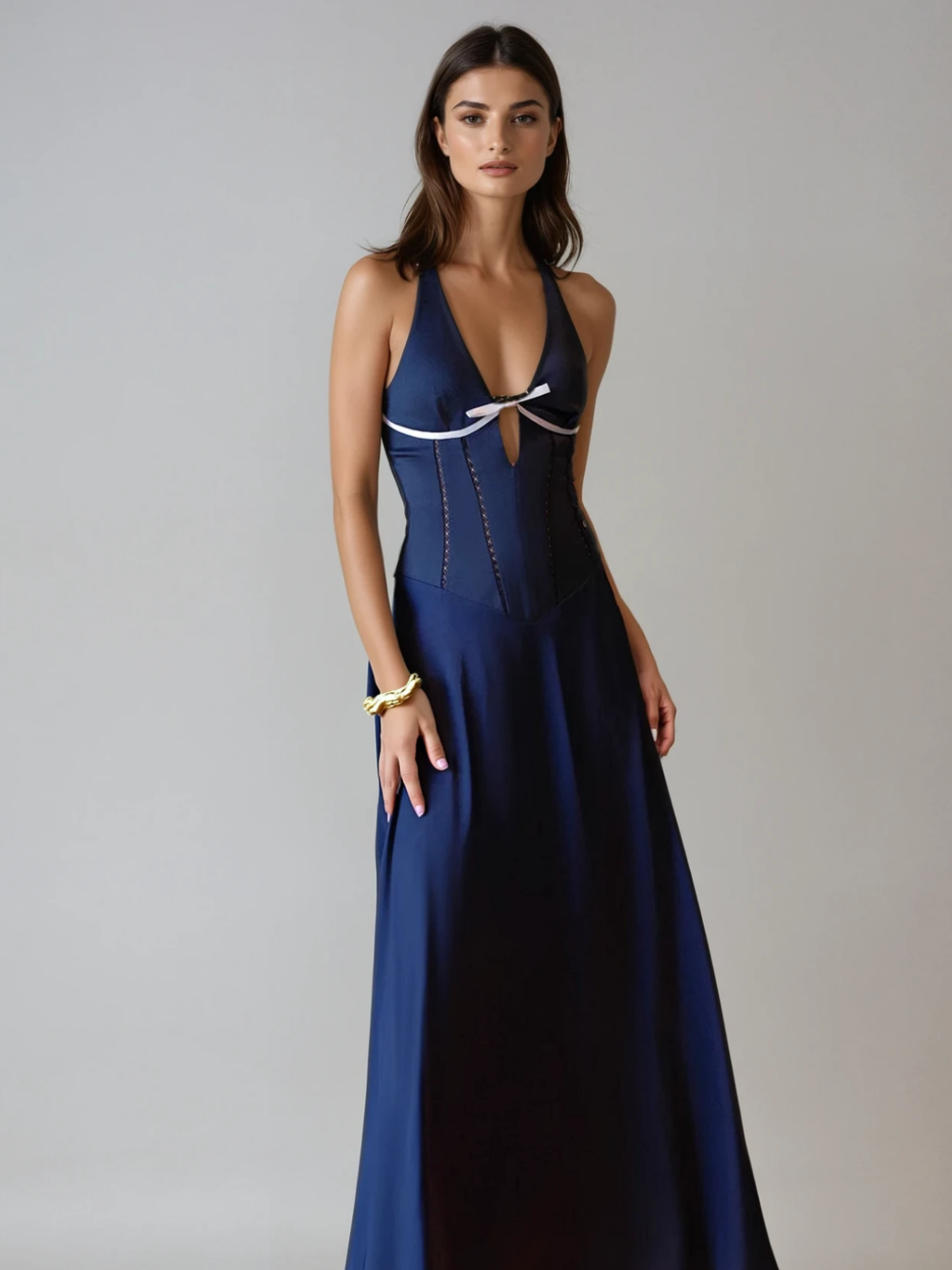 Satin Halter Neck Plunge Corset Bow Maxi Dress - View 3