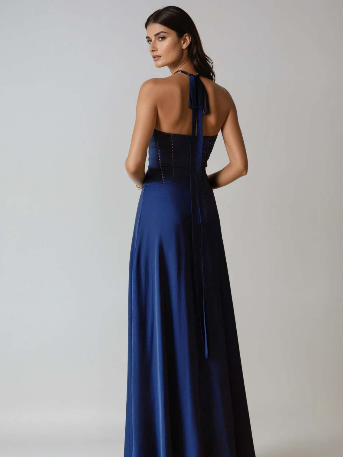 Satin Halter Neck Plunge Corset Bow Maxi Dress - View 5