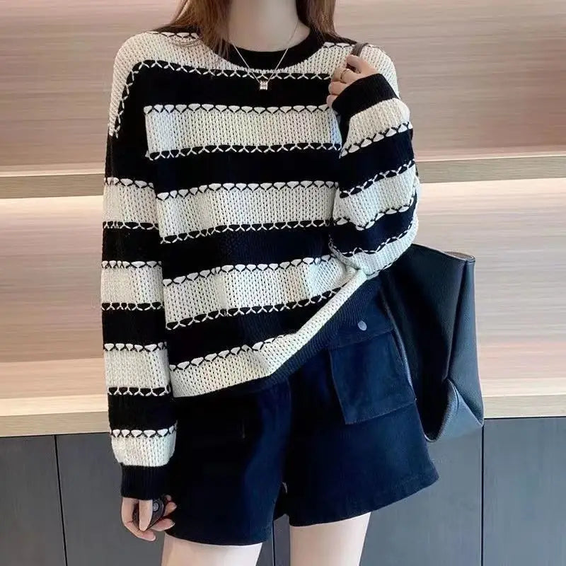 Striped Patchwork Round Neck All - Match Sweater