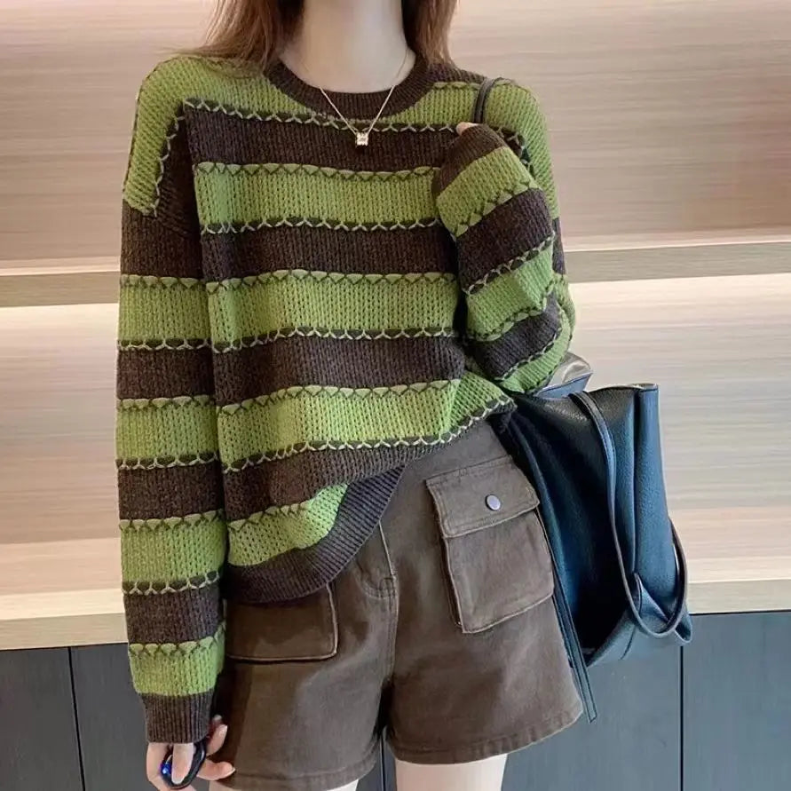 Striped Patchwork Round Neck Korean All - match Sweater Green / S