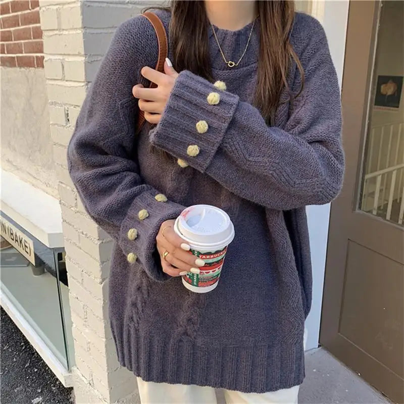 Retro Solid Color Thick Loose Elegant Sweater GRAY / S