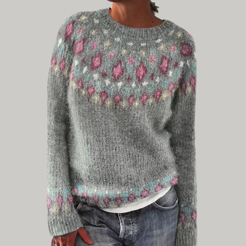 Crew Neck Long Sleeve Fair Isle Knit Sweater