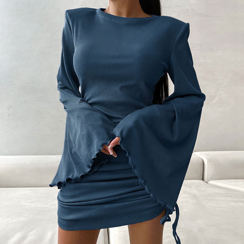 Knit Round Neck Lettuce Edge Bell Sleeve Ruched Side Tie Mini Dress - View 2