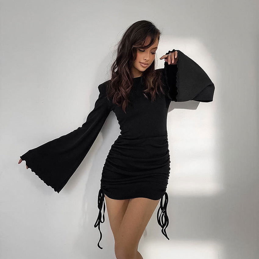 Knit Round Neck Lettuce Edge Bell Sleeve Ruched Side Tie Mini Dress - View 3