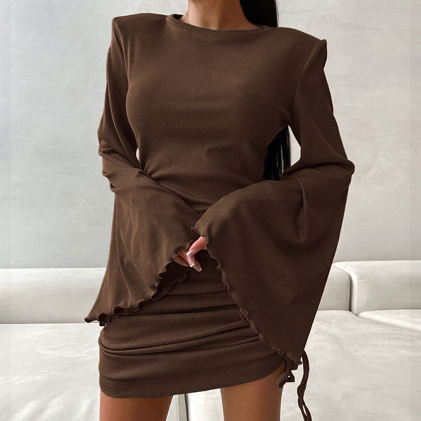 Knit Round Neck Lettuce Edge Bell Sleeve Ruched Side Tie Mini Dress - View 4