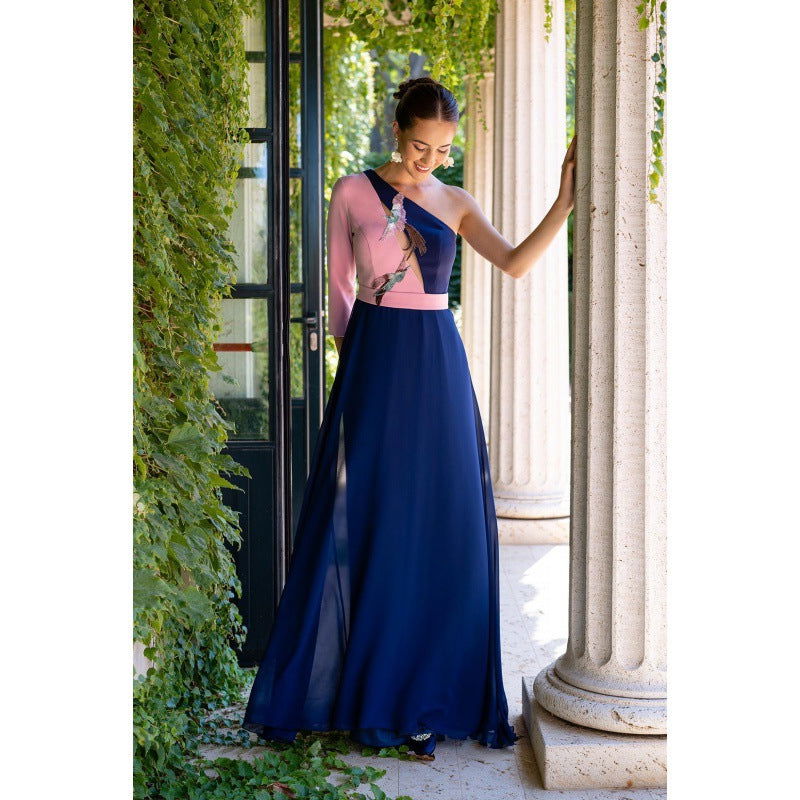 One Shoulder Long Sleeve Floral Embroidered Cut Out Chiffon Maxi Gown