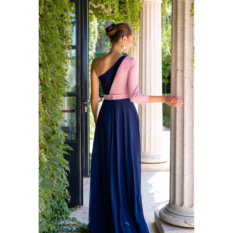 One Shoulder Long Sleeve Floral Embroidered Cut Out Chiffon Maxi Gown - View 2