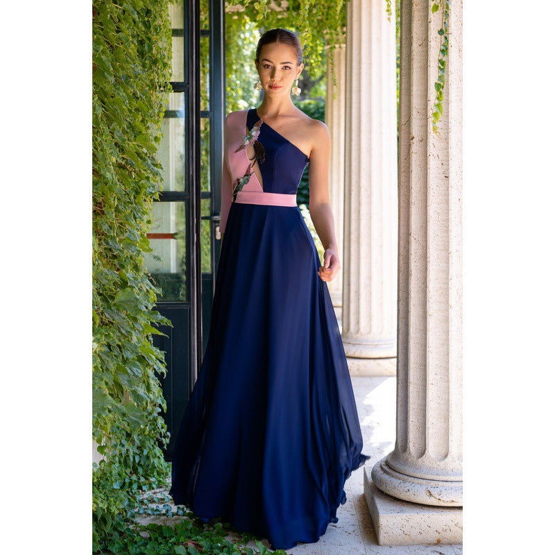 One Shoulder Long Sleeve Floral Embroidered Cut Out Chiffon Maxi Gown - View 4