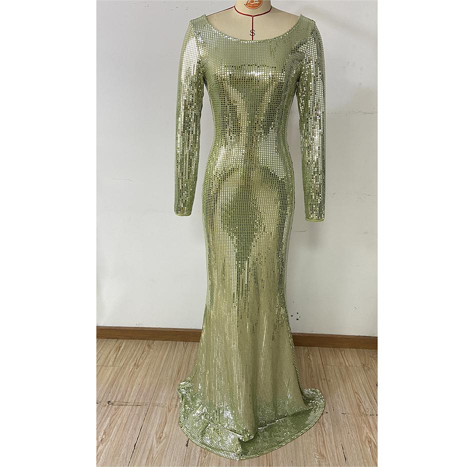 Sequin Round Neck Long Sleeve Mermaid Maxi Gown in Green - View 5