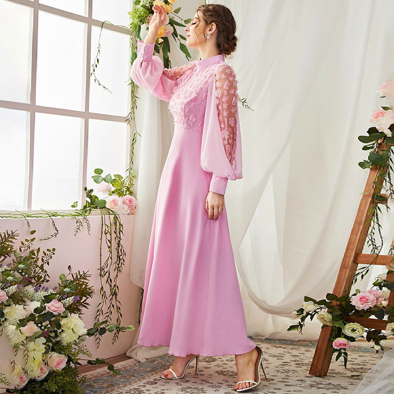 Floral Applique Mock Neck Bishop Sleeve Button Cuff A-Line Maxi Dress - View 2