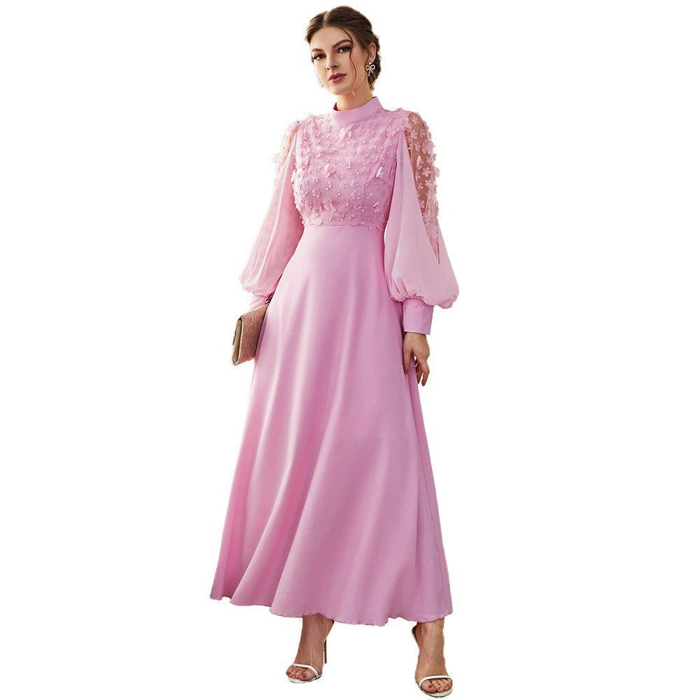 Floral Applique Mock Neck Bishop Sleeve Button Cuff A-Line Maxi Dress - View 5