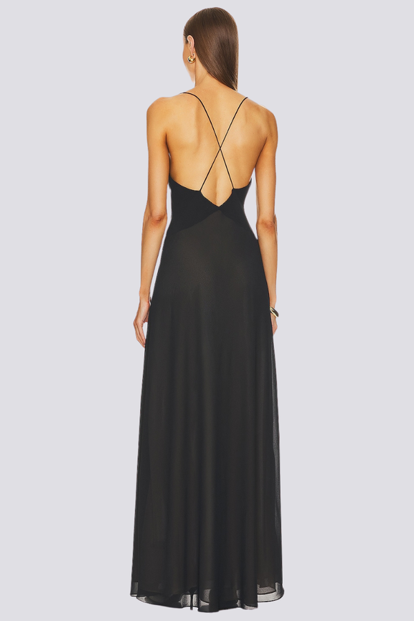 Spaghetti Strap Deep V-Neck Floral Rosette Waist Chiffon Maxi Gown - View 3